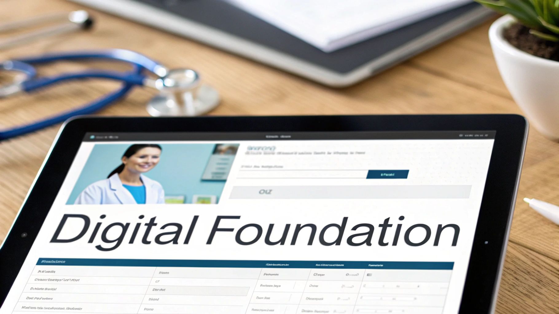 A medical professional looking at a tablet showing analytics and patient data.