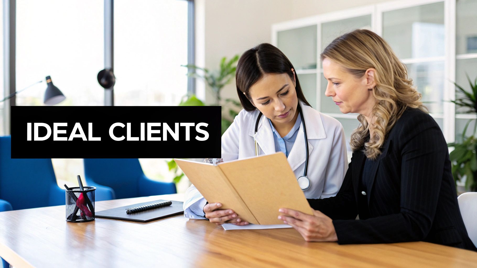 A professional woman looking at a diagram of a buyer persona on a clear board.