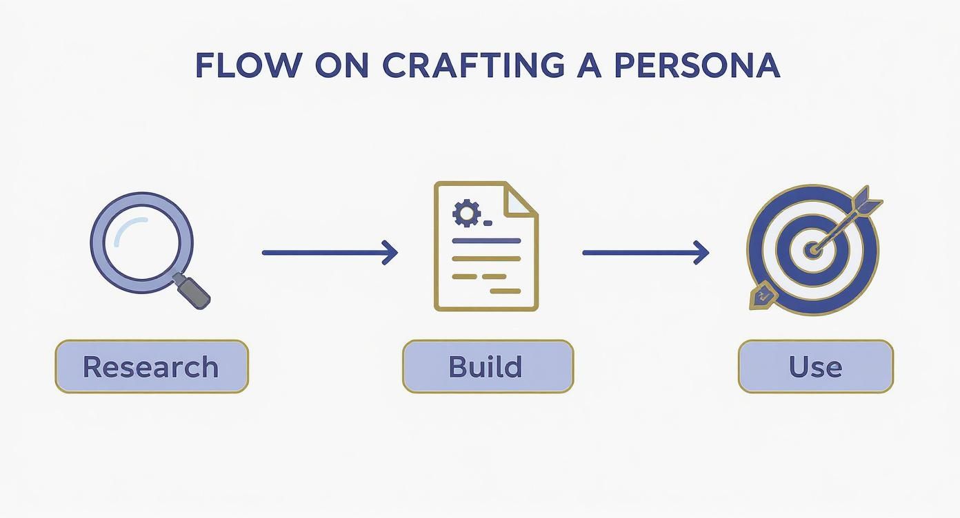 Infographic showing the three-step process of how to create buyer personas Research, Build, and Use, with icons for each step.