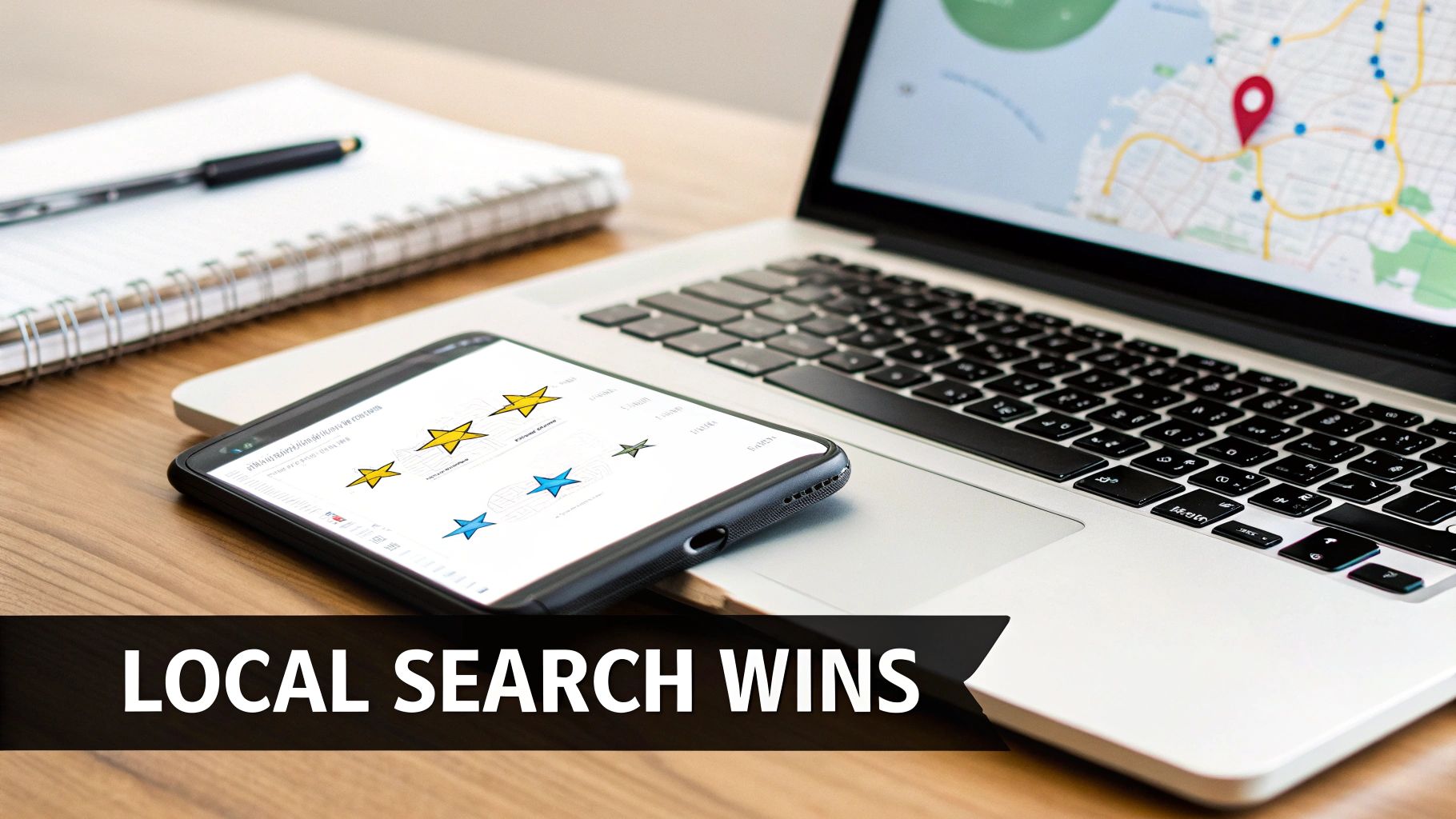 An image showing a magnifying glass over a local map, indicating local search dominance.