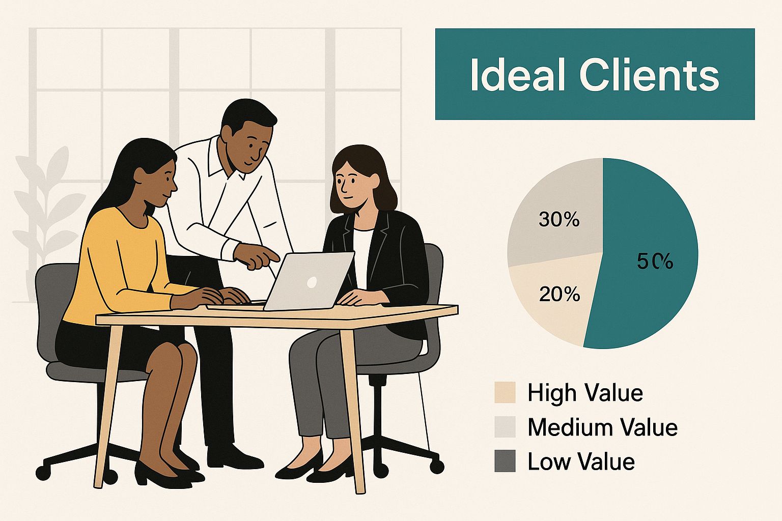 Infographic showing a team collaborating around a desk with a text block that reads 'Ideal Clients' in the upper right corner.