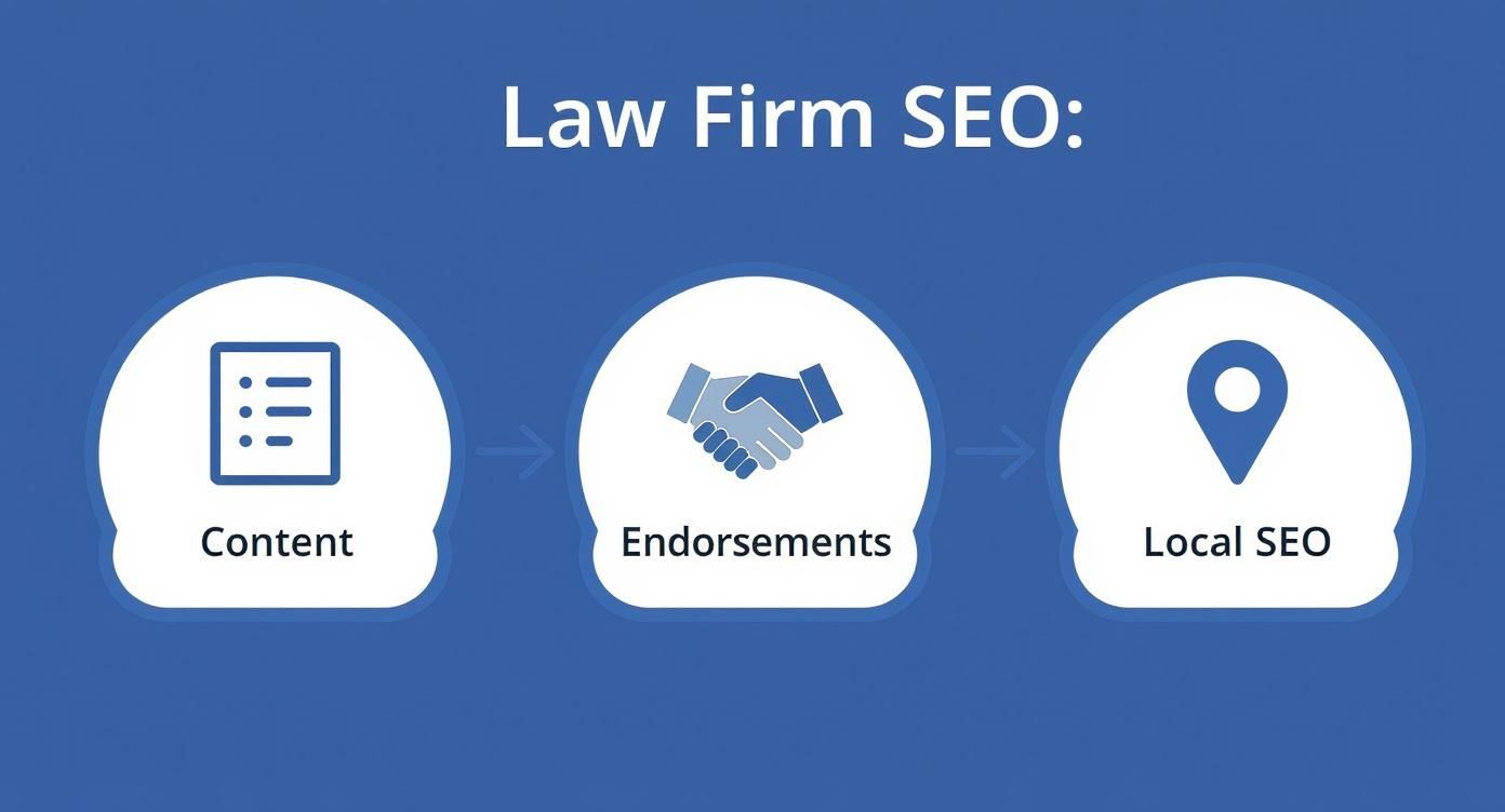 Infographic about marketing for law firms showing the relationship between content, endorsements, and local SEO.