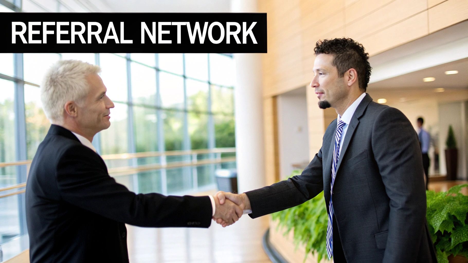 Two professionals shaking hands in a modern office setting, signifying a strong professional network.