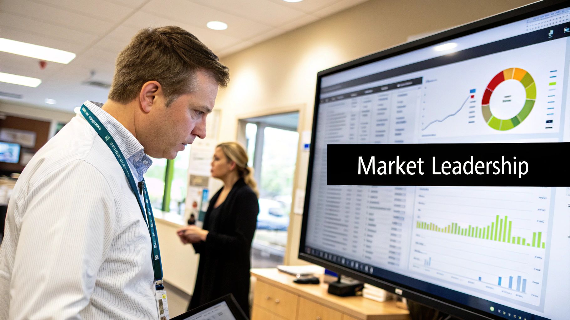 Medical professionals collaborating on a digital strategy on a large screen.