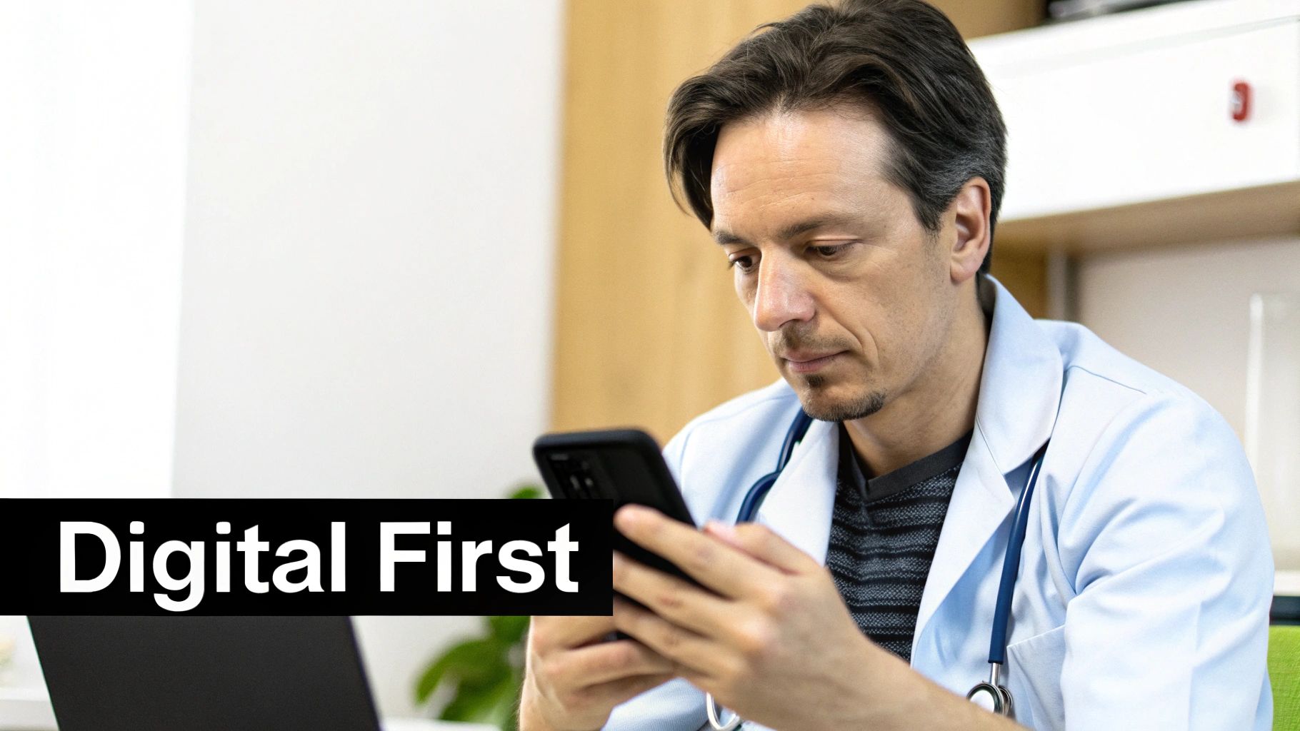 A doctor reviewing a patient's chart on a tablet, symbolizing the blend of healthcare and digital technology.