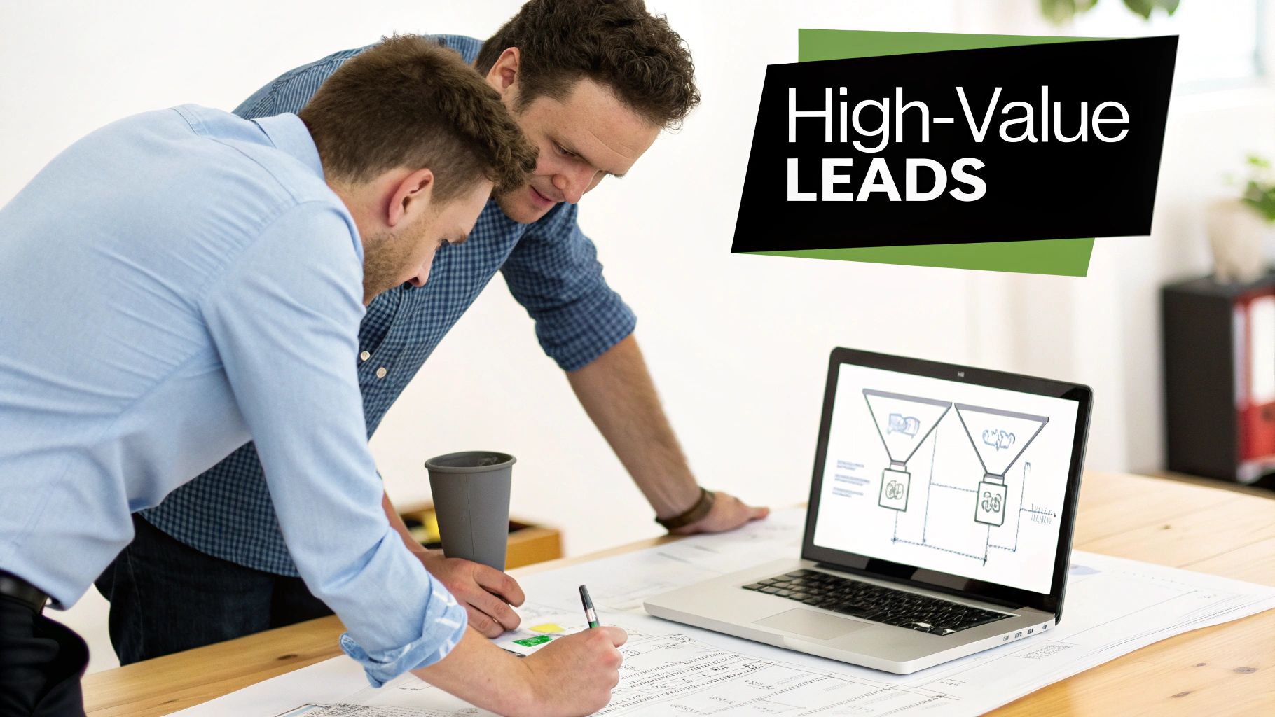 A blueprint of a marketing plan for a personal injury law firm being reviewed by a team.