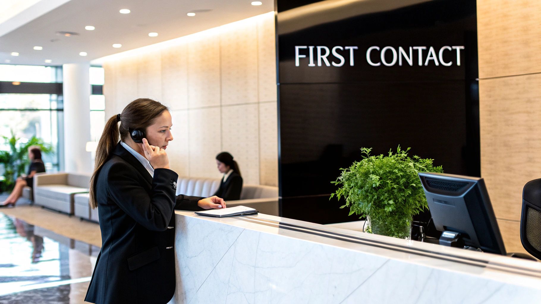 A legal professional warmly greeting a client in a modern law office setting.