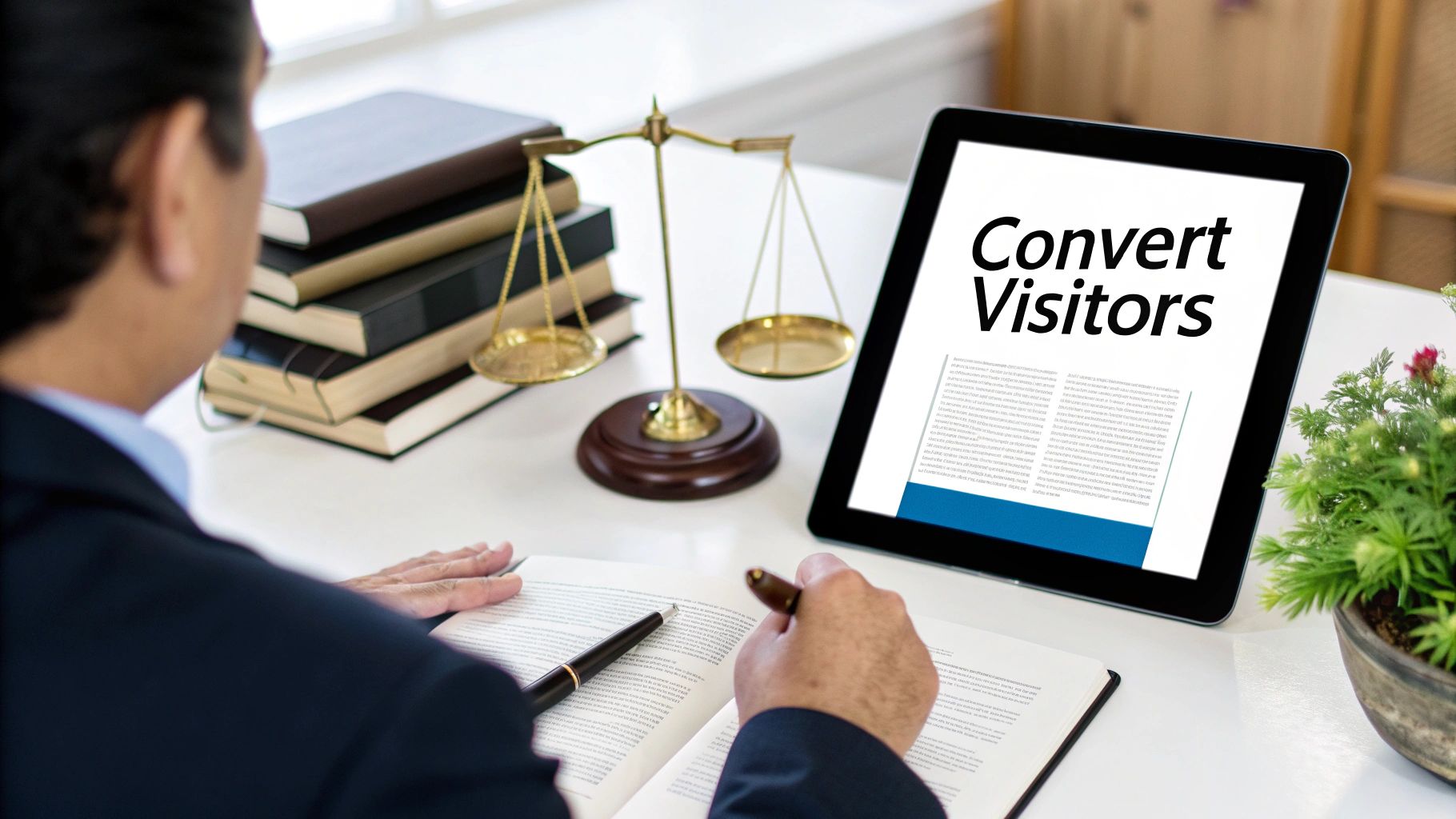 A lawyer reviewing a modern, professional law firm website on a laptop, indicating the importance of a strong digital presence for client acquisition.