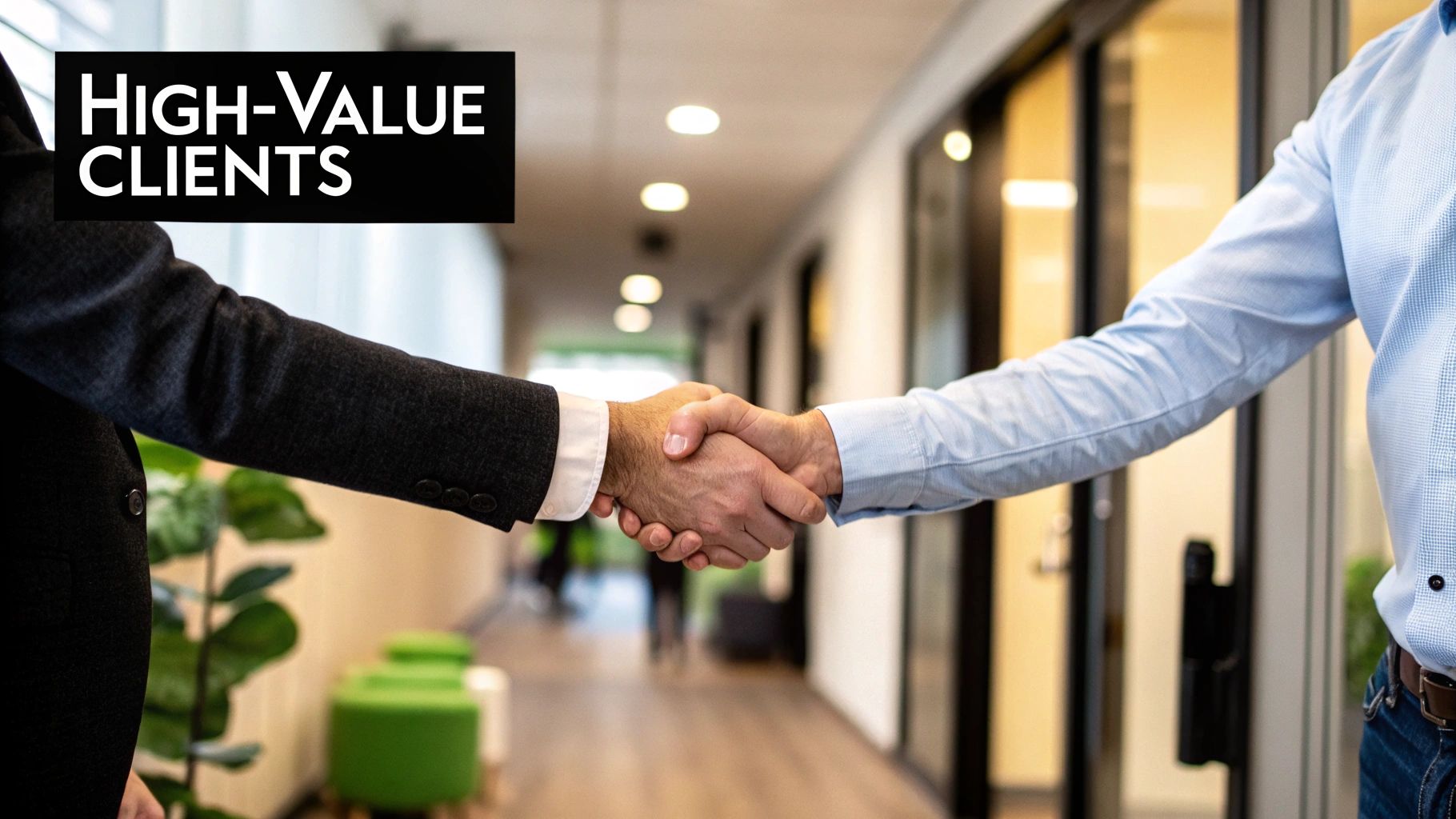 A professional lawyer and doctor shaking hands in a modern office setting