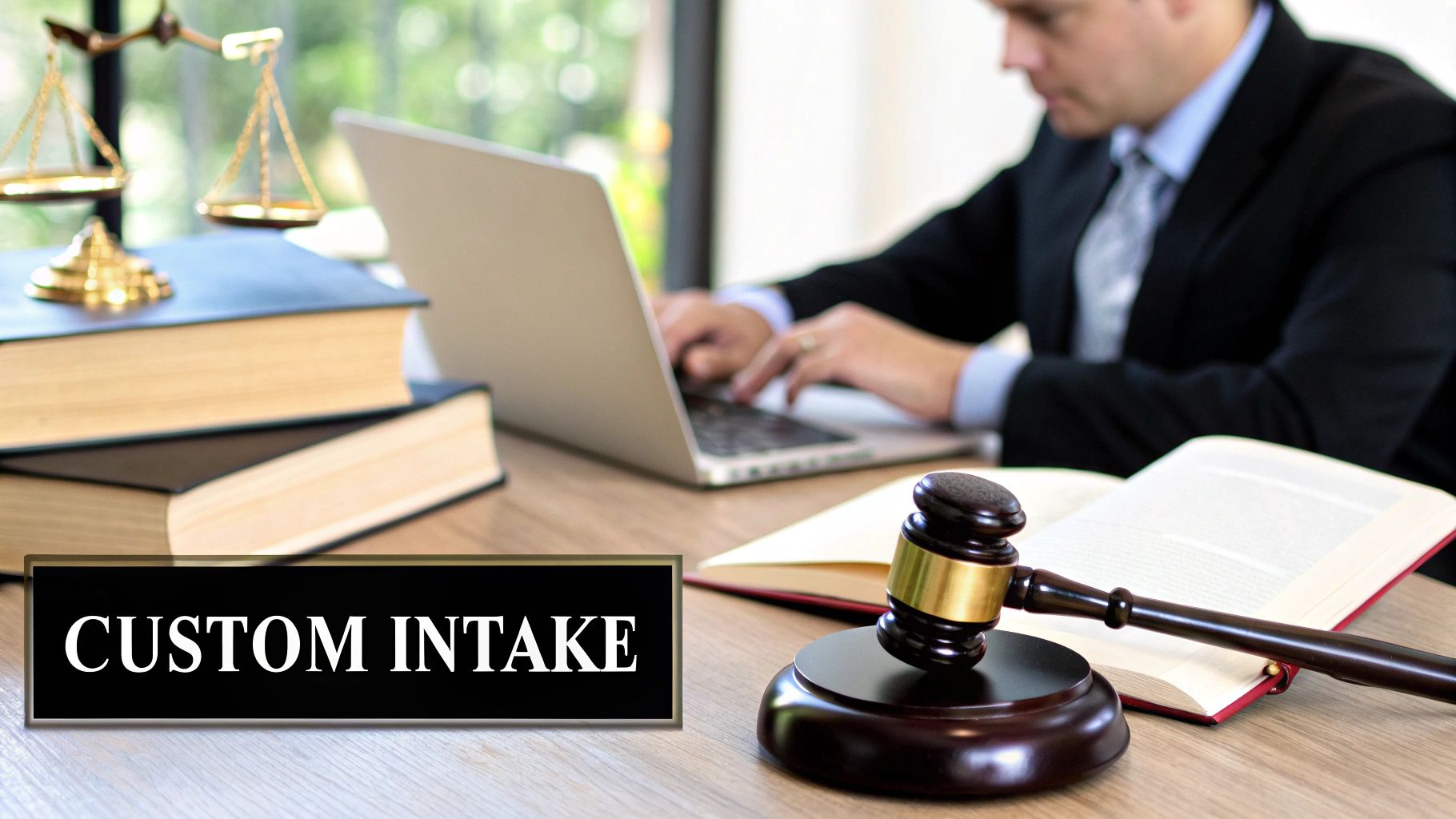 A focused legal professional works on a customized intake script at their desk, surrounded by legal documents and a modern computer setup.