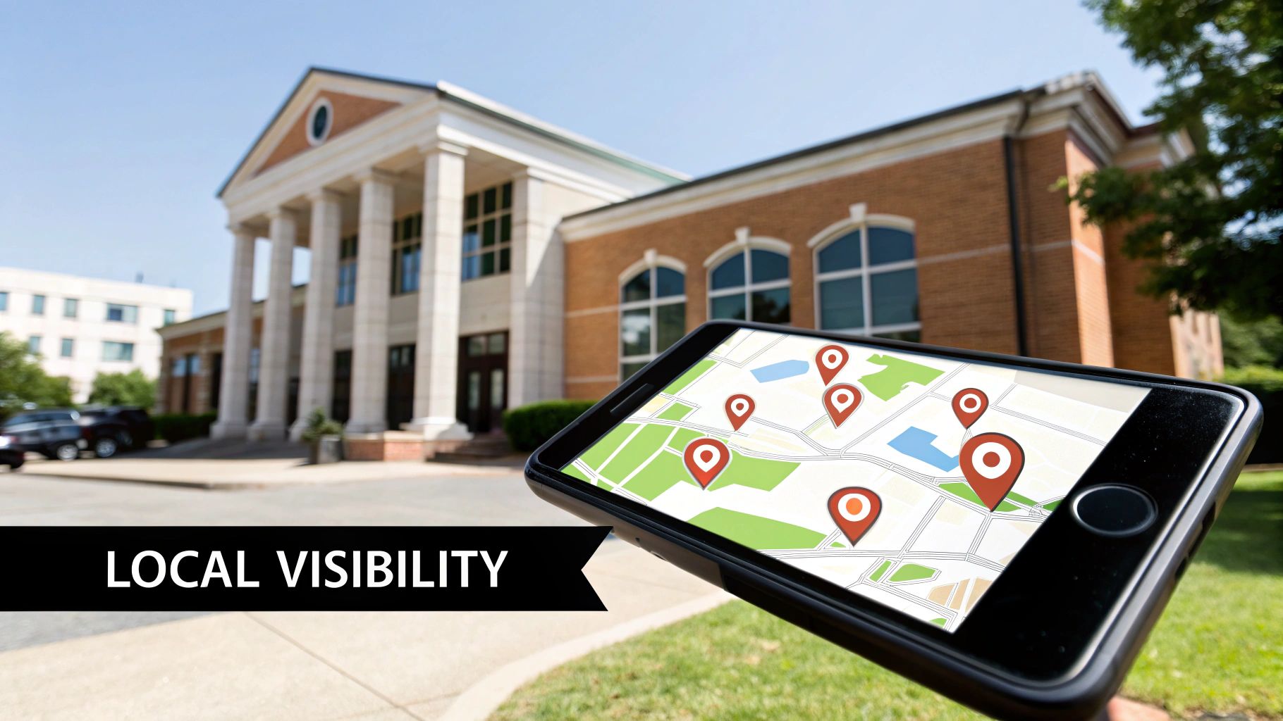 A graphic illustrating the key components of Local SEO, including Google Business Profile optimization, local citations, on-page SEO, and link building, all contributing to higher local search rankings.