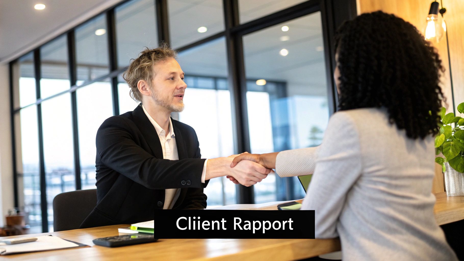 Two professionals shaking hands, signifying a strong client rapport.
