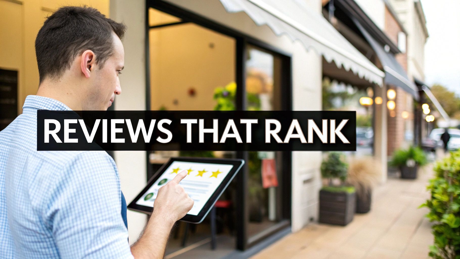 Group of people leaving positive reviews on a giant smartphone screen.