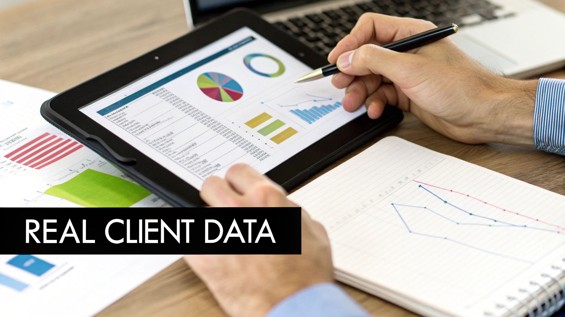 Two people analyzing data on a computer screen and pointing at charts.