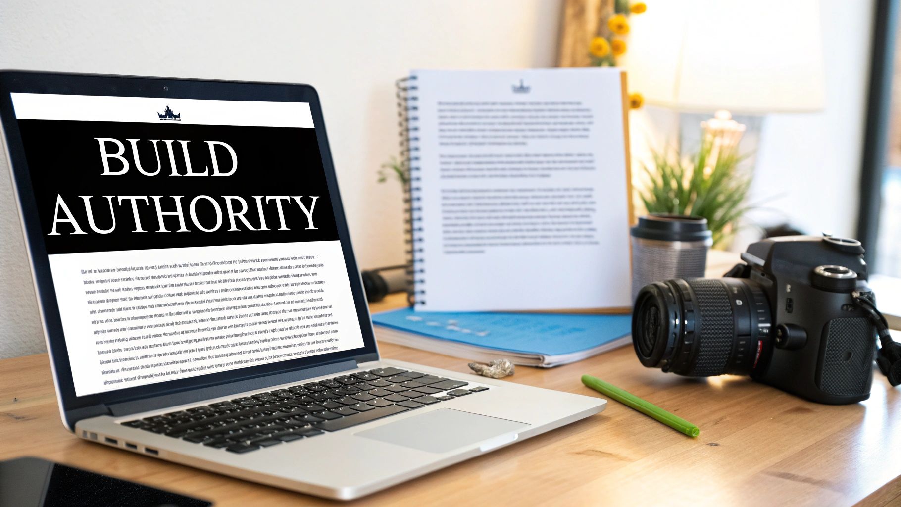 An attorney thoughtfully writing content on a laptop in a modern office, showing how to get clients through expertise.