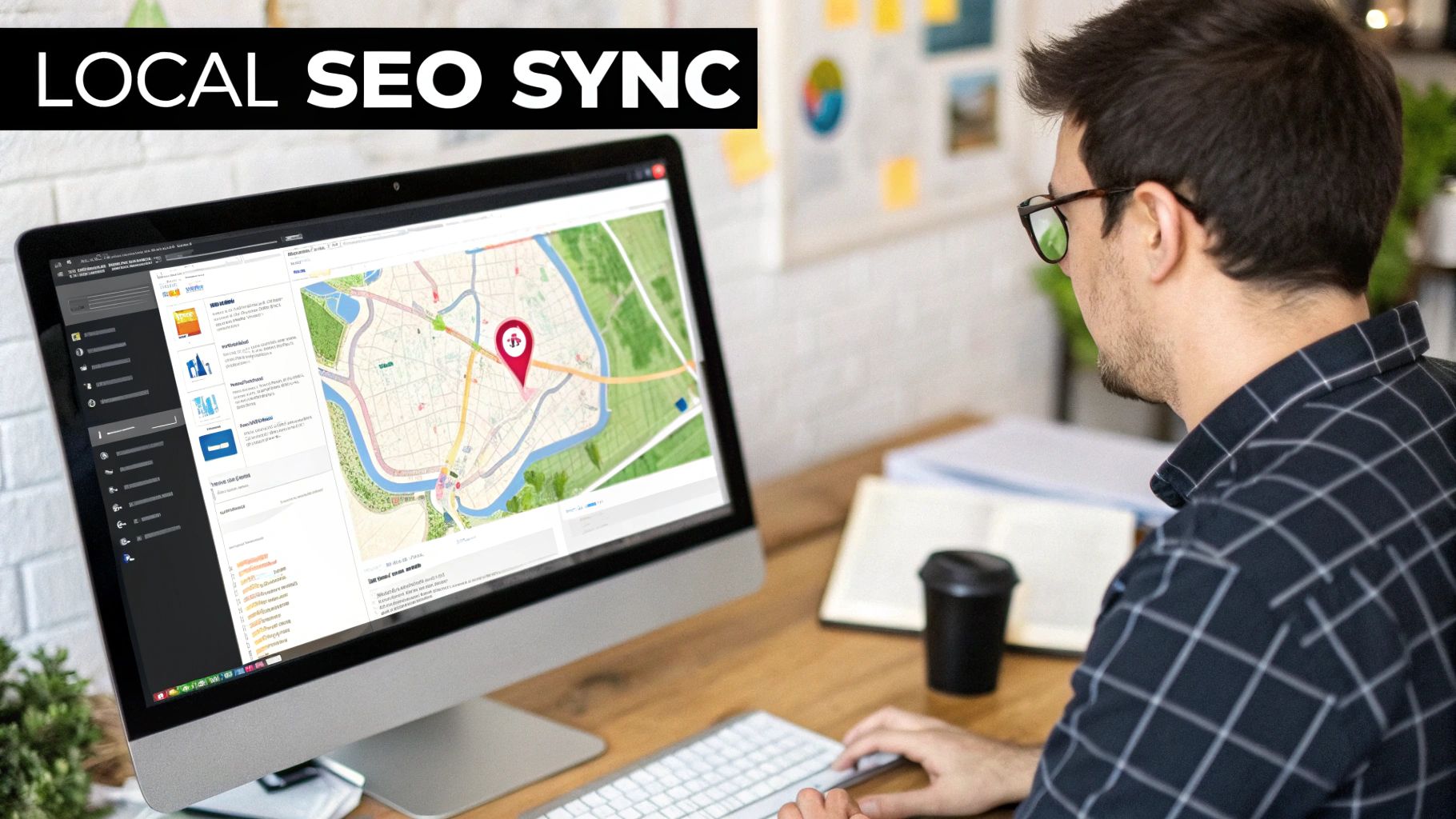 A digital illustration showing a website icon and a map pin icon connected by glowing data lines.