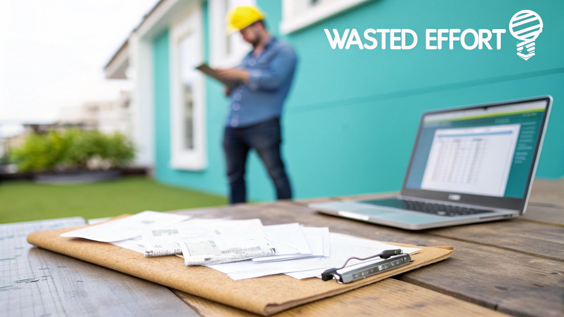 A contractor reviews documents while a laptop and papers are on an outdoor wooden table.