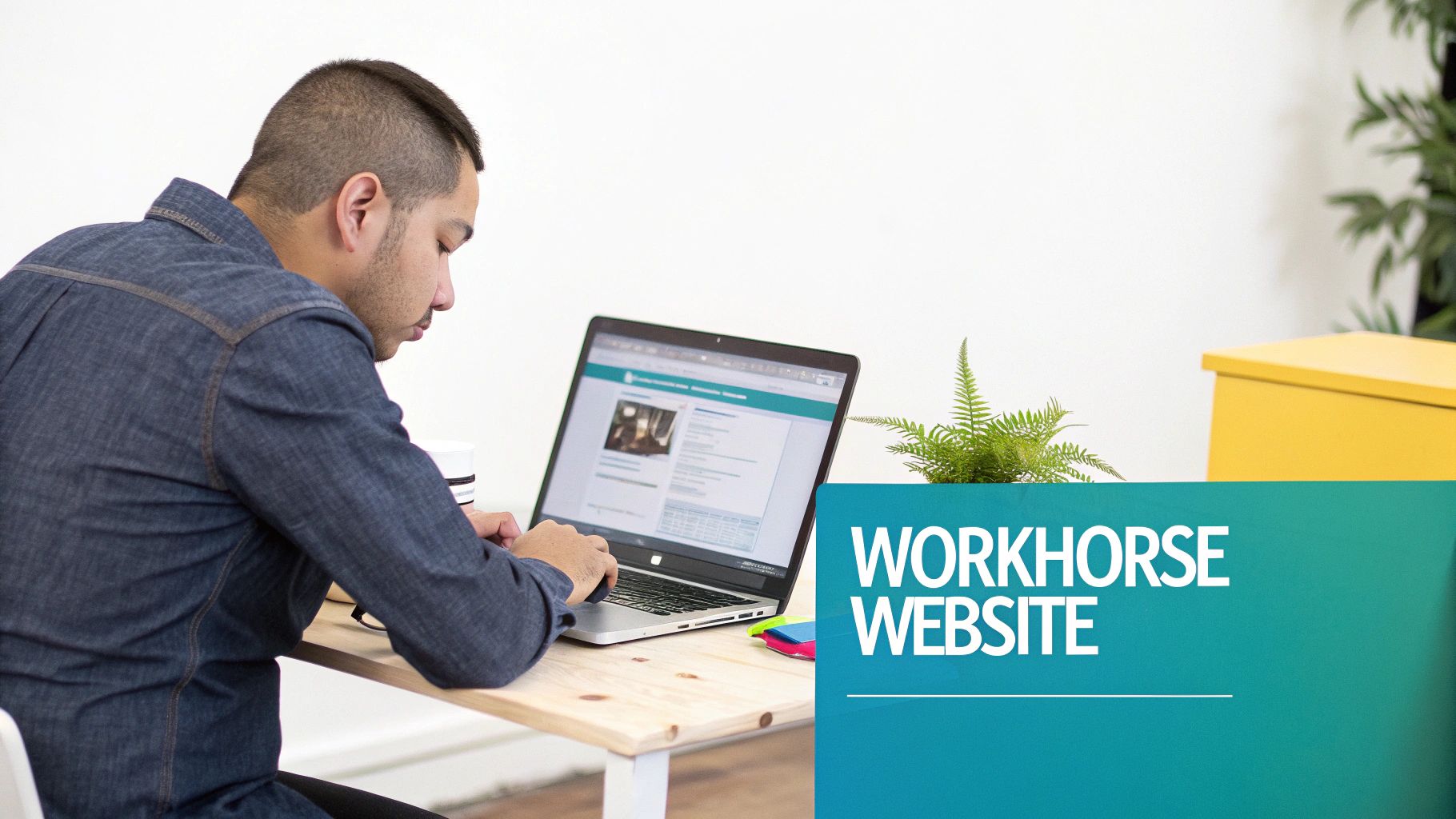 A focused man in a denim shirt typing on a laptop, with a website displayed on the screen.