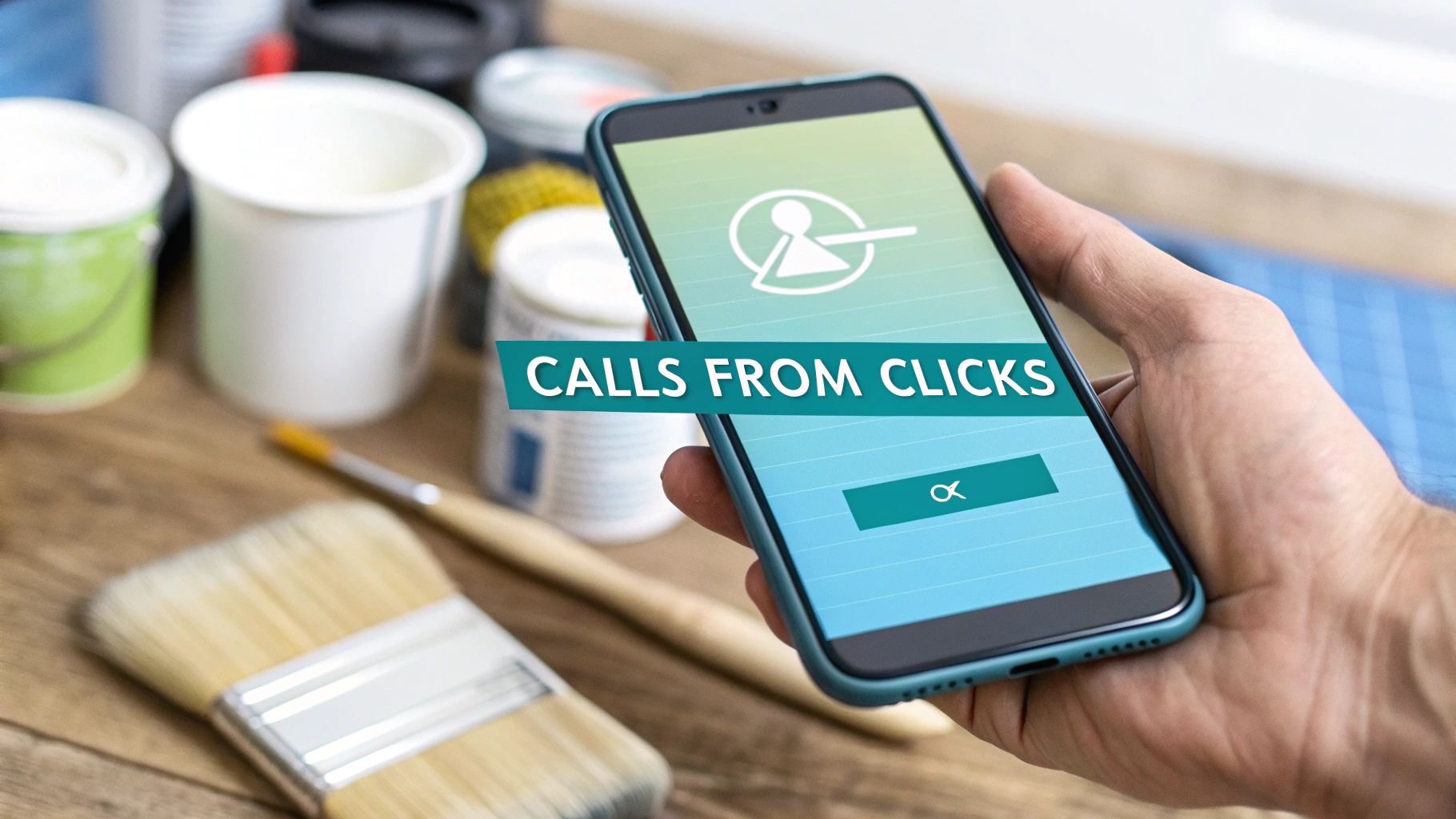 Hand holding a smartphone displaying 'CALLS FROM CLICKS' text, surrounded by painting supplies.