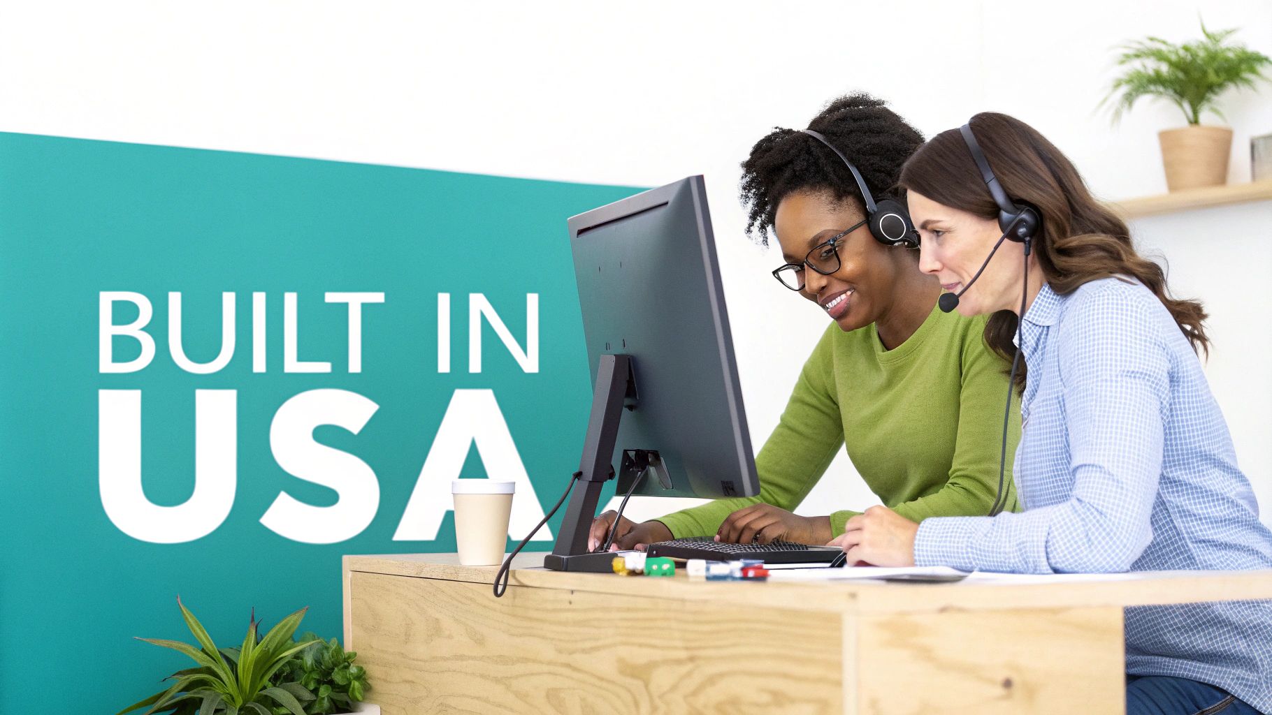 Two diverse women wearing headsets, smiling while working on a computer at a desk, with a large 'BUILT IN USA' sign in the background.