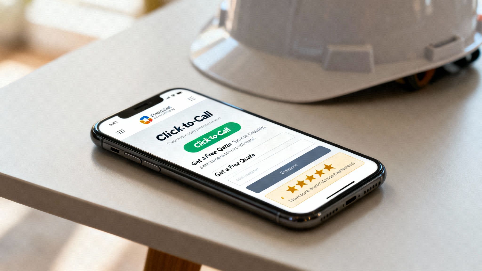 A contractor's website on a phone, showing a 'click to call' button.