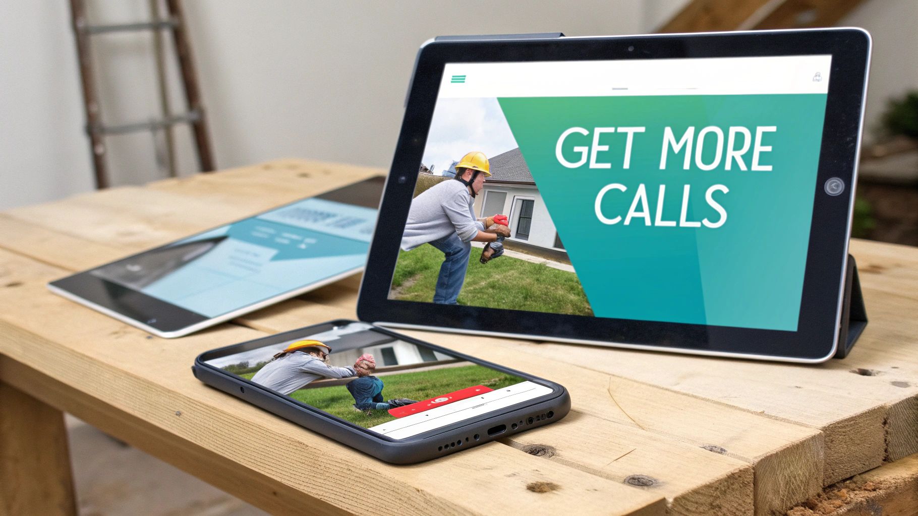 Tablet and phone display a contractor worker and digital marketing message 'GET MORE CALLS'.
