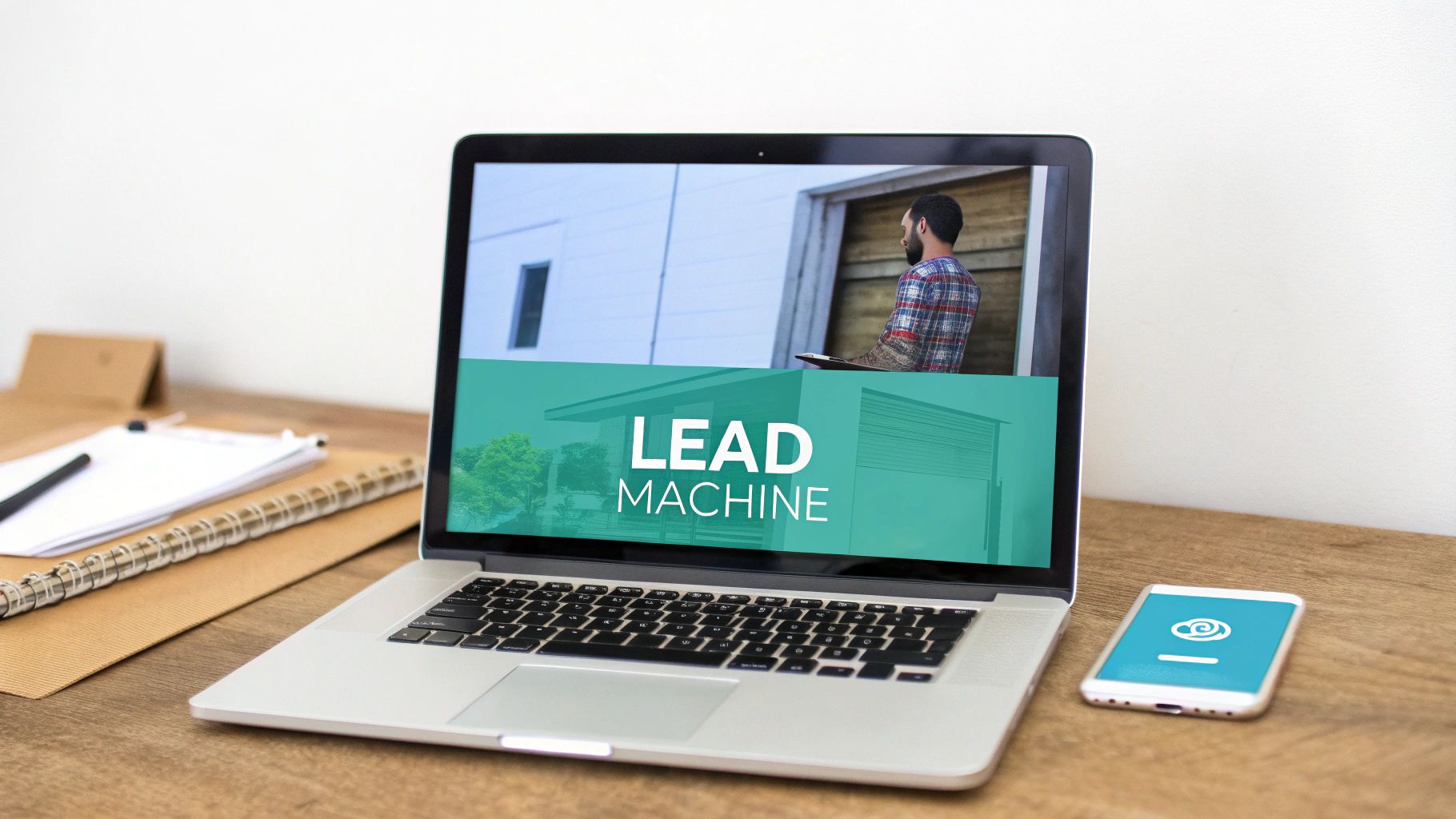 A laptop displaying "LEAD MACHINE" and an image of a man, next to a smartphone and notepad on a wooden desk.