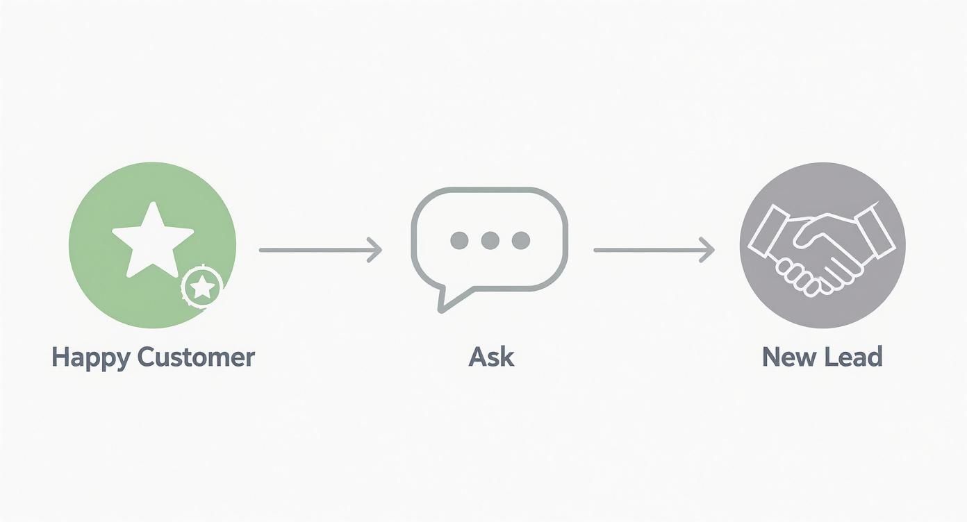 Infographic showing the three-step customer referral process, starting with a happy customer, then asking for a referral, leading to a new lead.