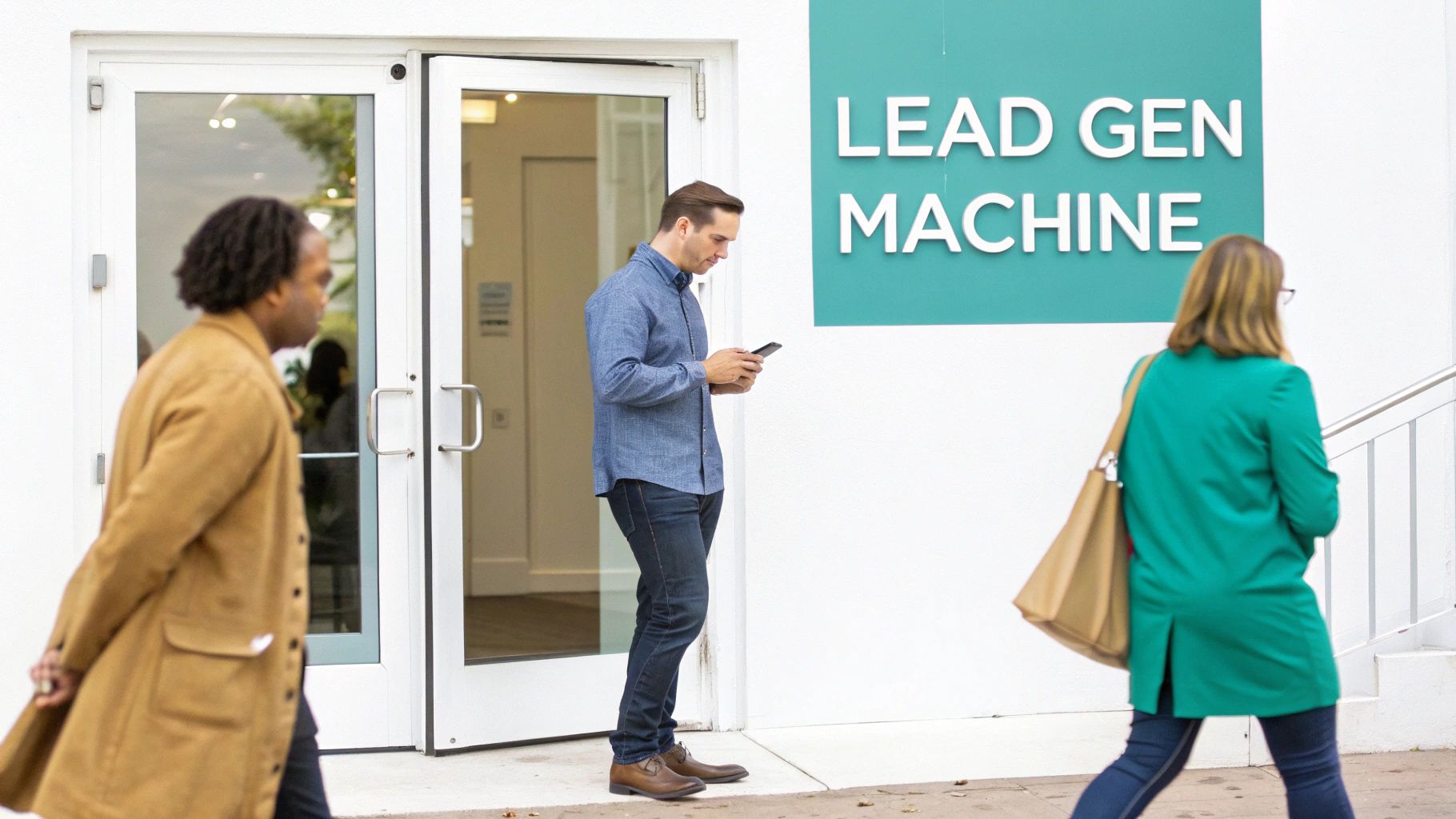 People outside a building with a "LEAD GEN MACHINE" sign, one man checking his phone.