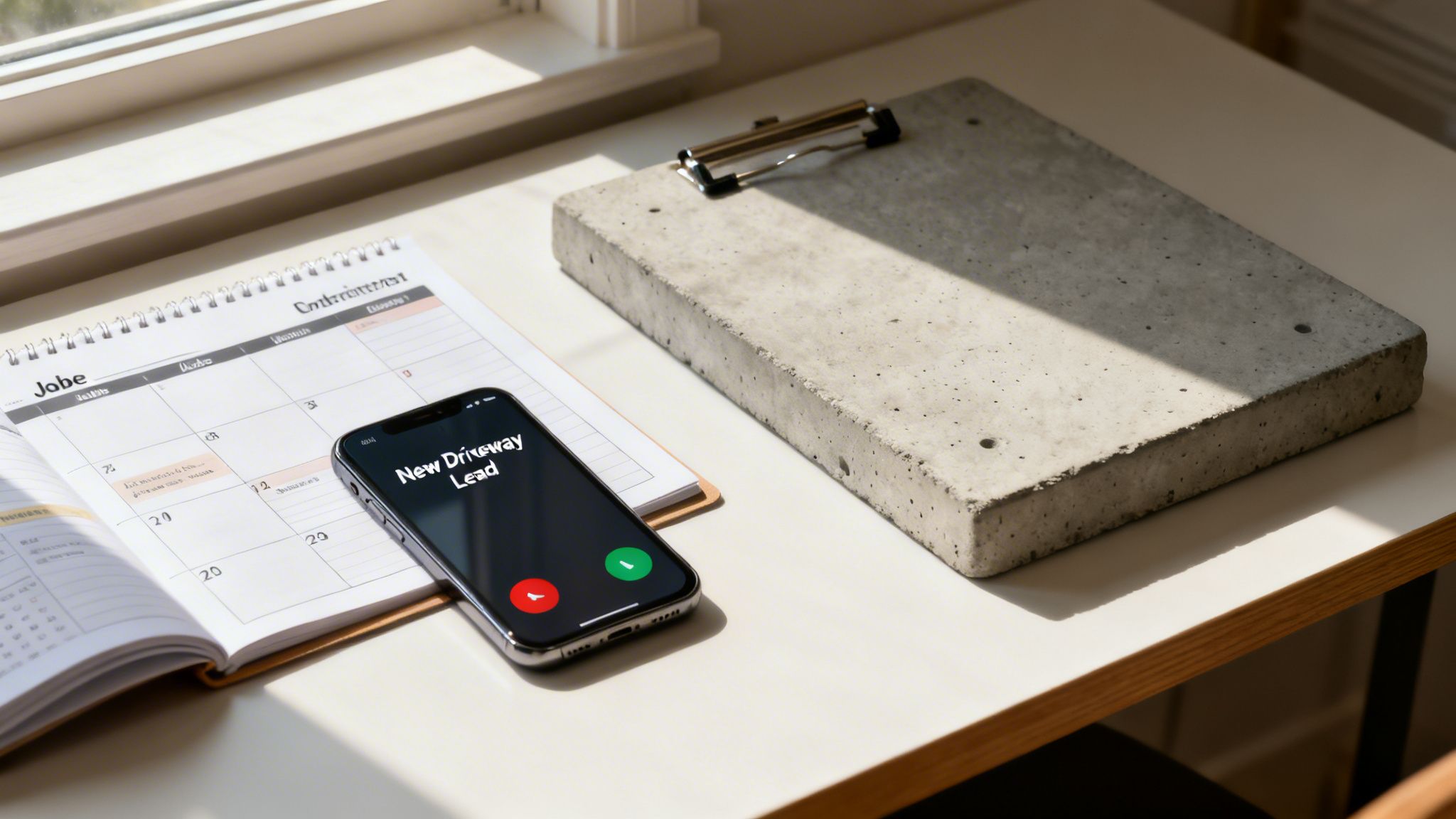 Smartphone on a desk displaying a "New Driveway Lead" notification, beside a calendar and concrete slab.