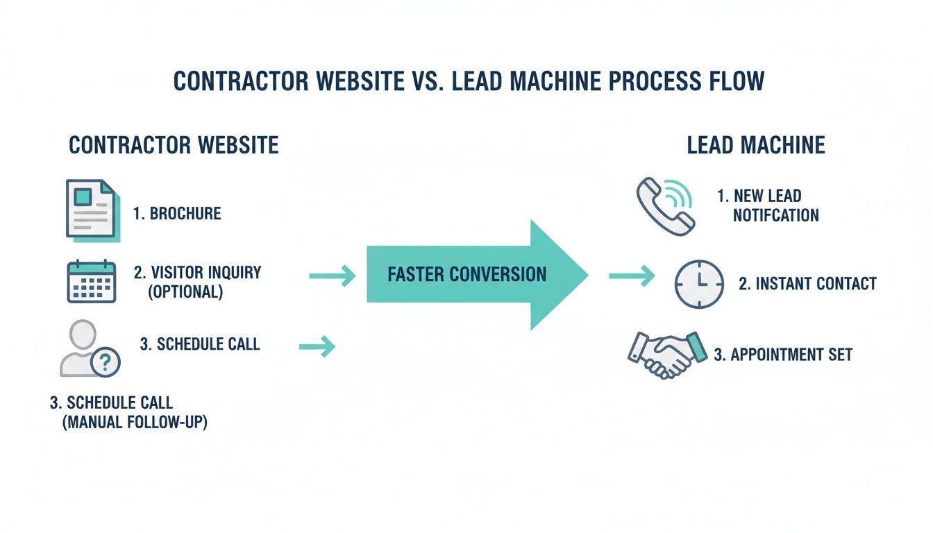 Diagram comparing contractor website lead process with a faster lead machine conversion flow.