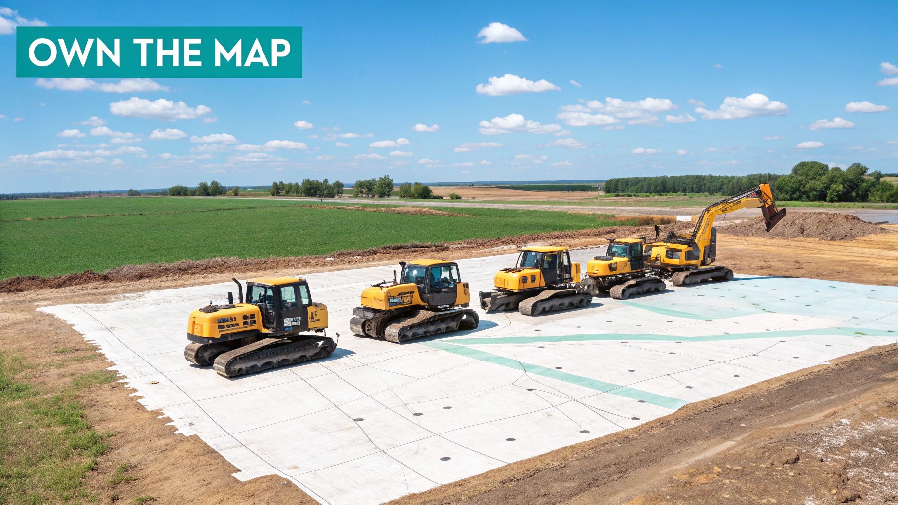 A map with multiple location pins showing territory domination for an excavator business.