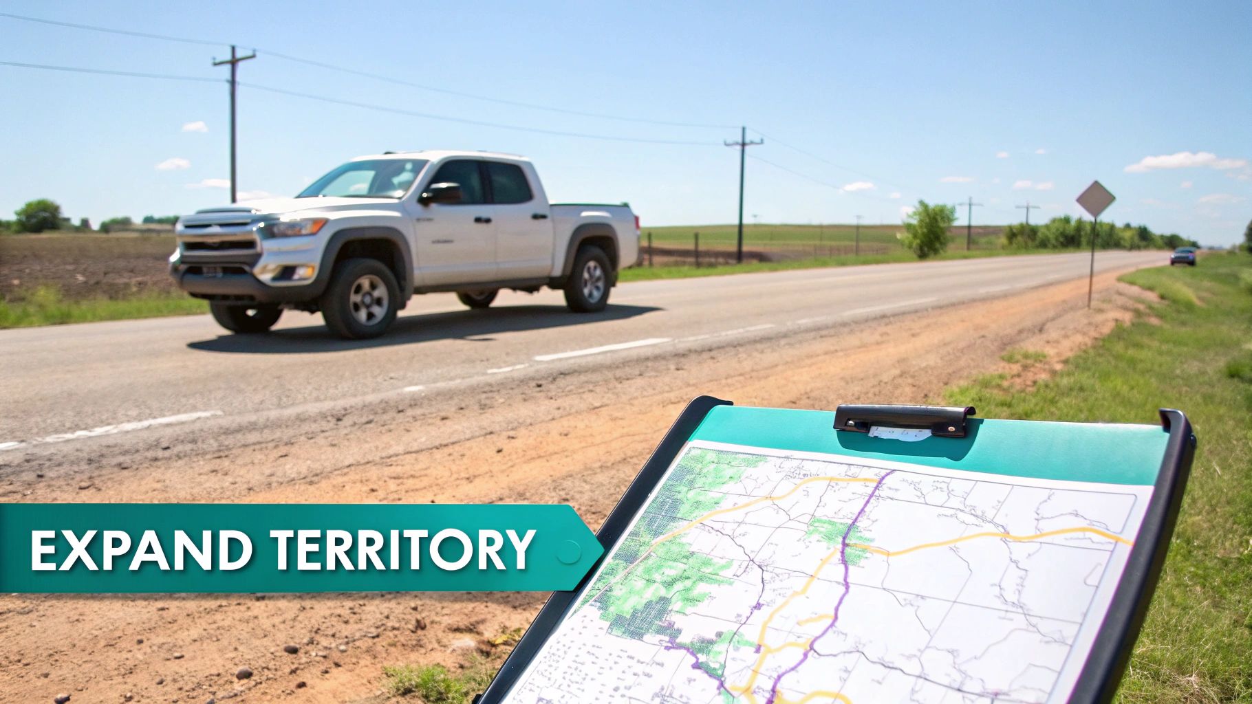 White pickup truck on a rural road with a map and an 'Expand Territory' banner.