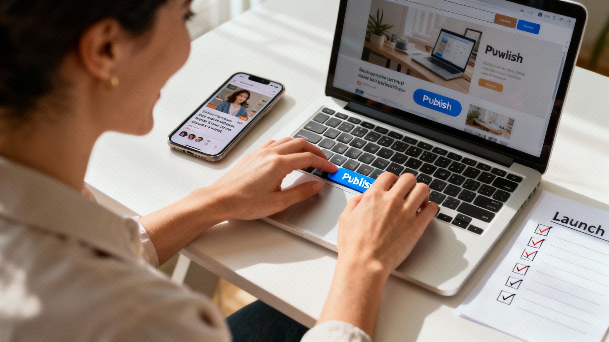 A person launching a paper airplane, symbolizing a website launch.