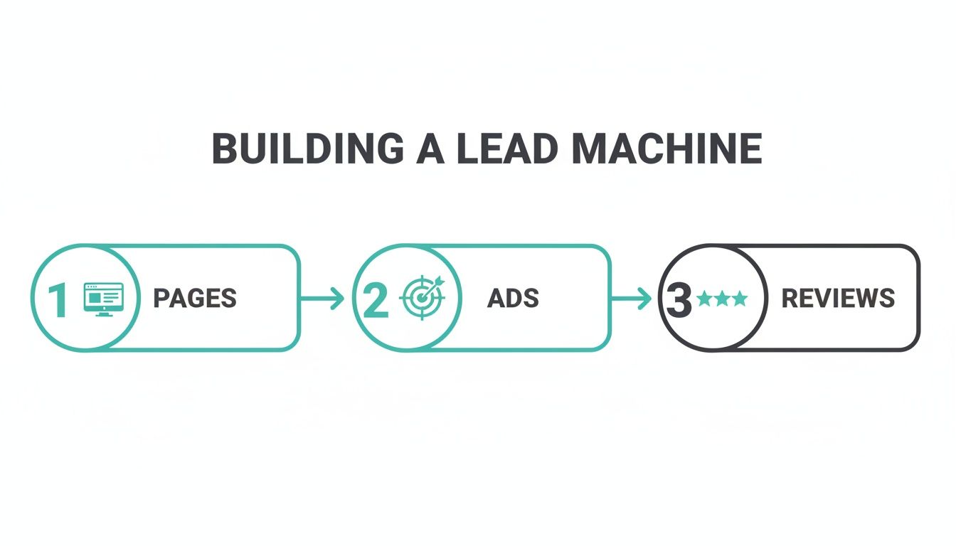 Infographic illustrating a three-step process for building a lead machine: pages, ads, and reviews.