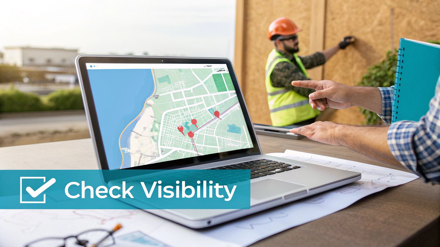 Construction workers using a laptop with a map and pins to check site visibility and planning.