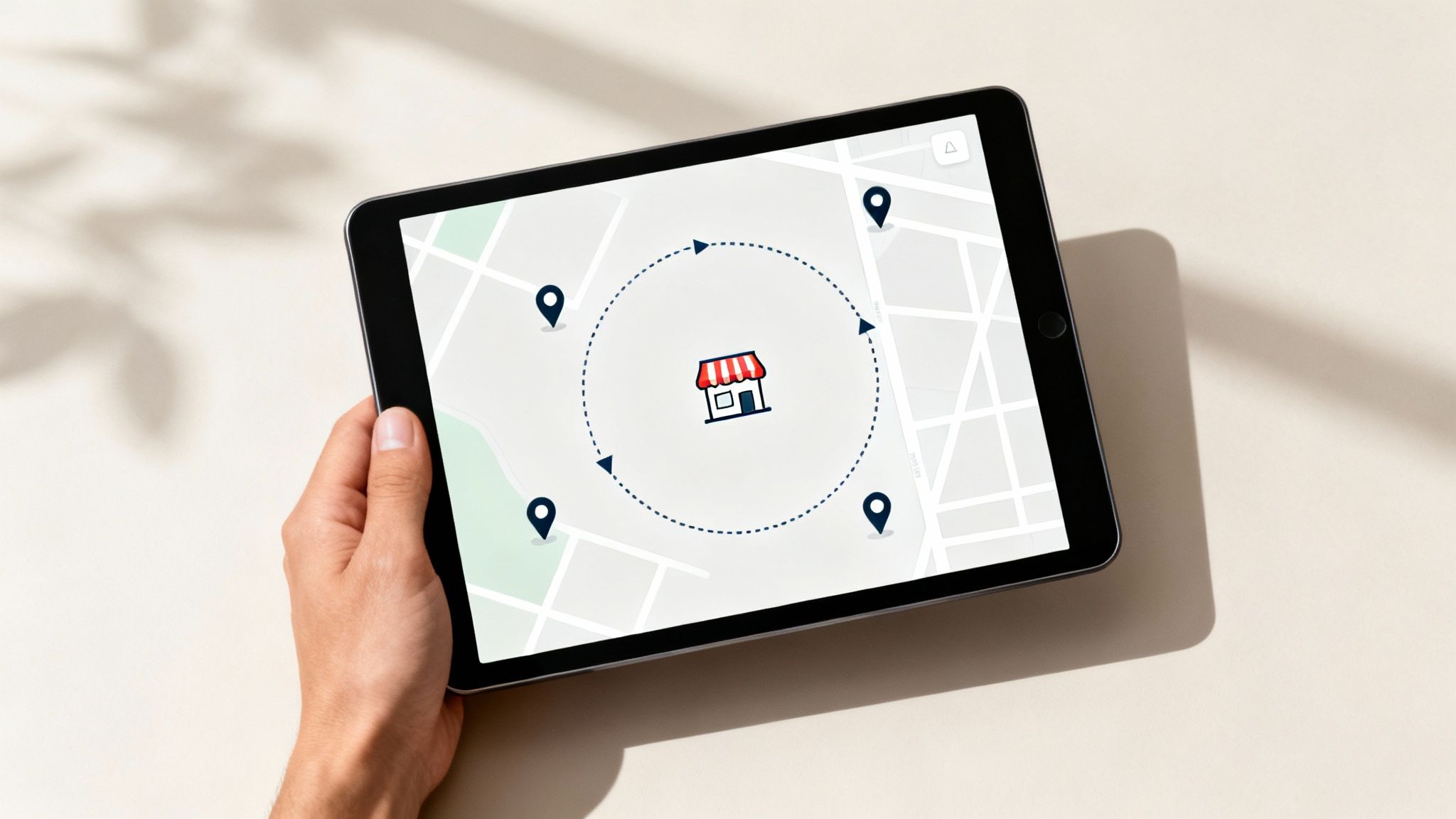 A person using a magnifying glass to find ideal customers on a map for their Facebook ad campaign