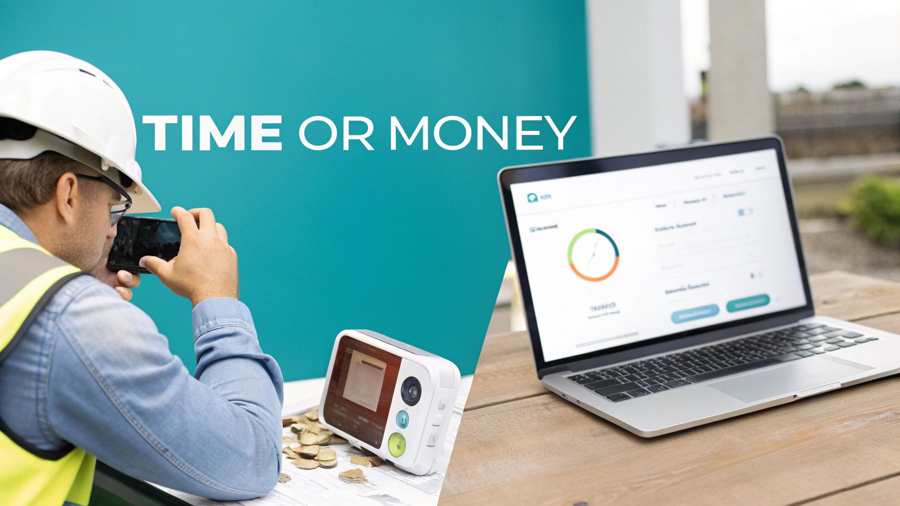Construction worker captures data with smartphone, laptop shows analytics, posing the question 'TIME OR MONEY'.