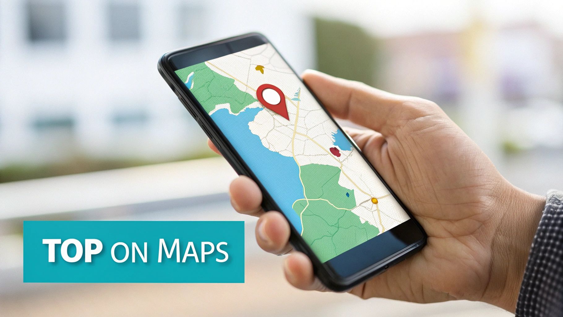 A hand holding a smartphone displaying a map with a red location pin, indicating service area.