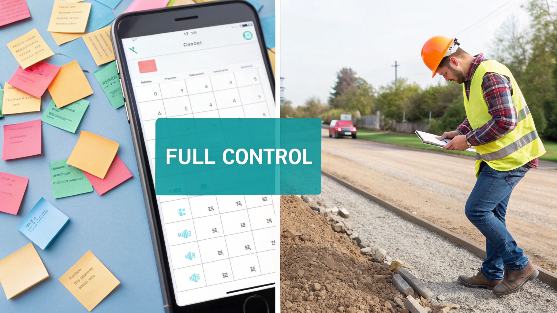 Full control over construction projects, represented by a phone app and a worker on a a gravel site.