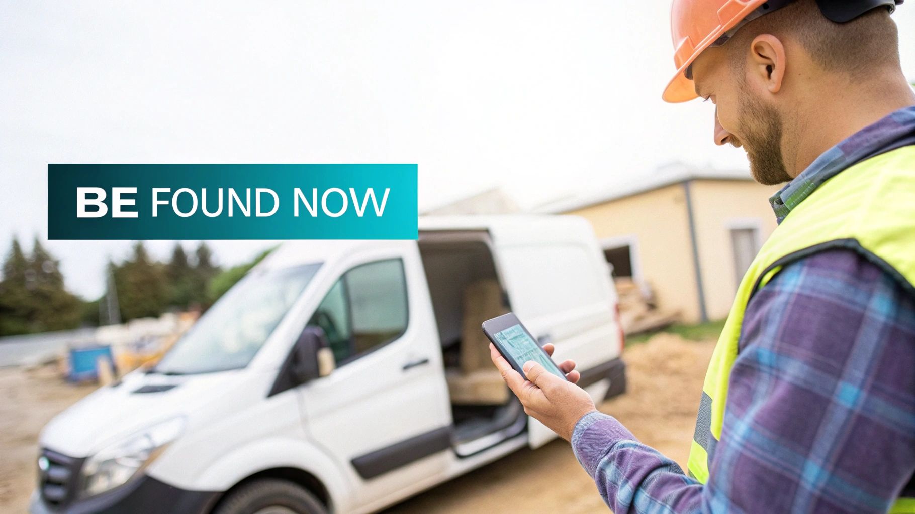 A contractor in a hard hat and vest uses a smartphone on a construction site next to a white van.