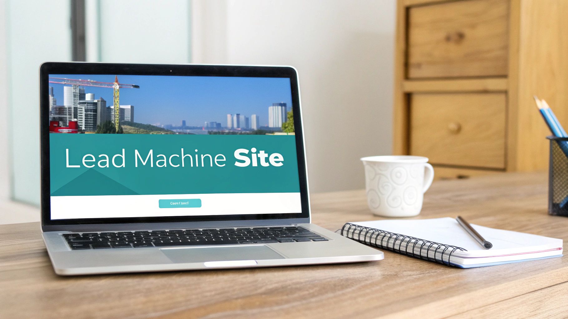A laptop displaying 'Lead Machine Site' on a wooden desk with a mug, notebook, and pencils.