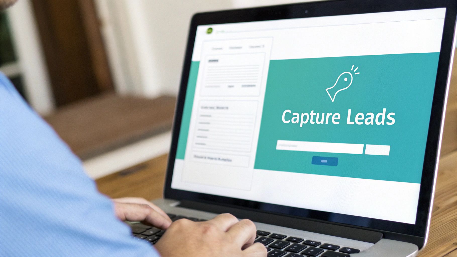 A person types on a laptop screen displaying "Capture Leads" text with a fish icon and form.