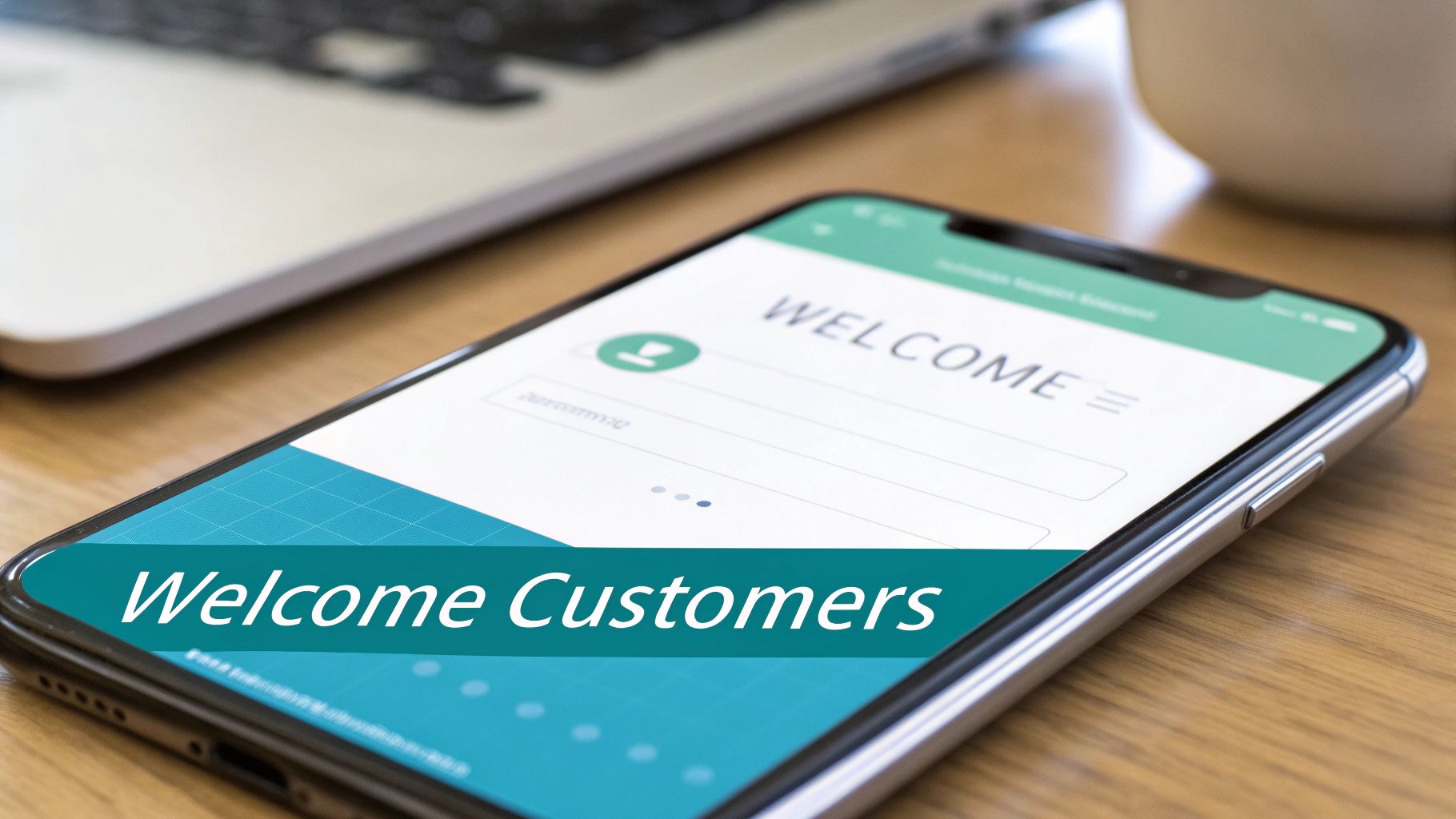 A smartphone displaying a welcome screen with 'Welcome Customers' text, next to a blurred laptop.