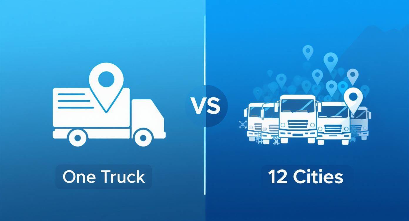 Infographic comparing one website to a 12 pack of lead machines, showing a single truck in one city versus a fleet of trucks across 12 cities.