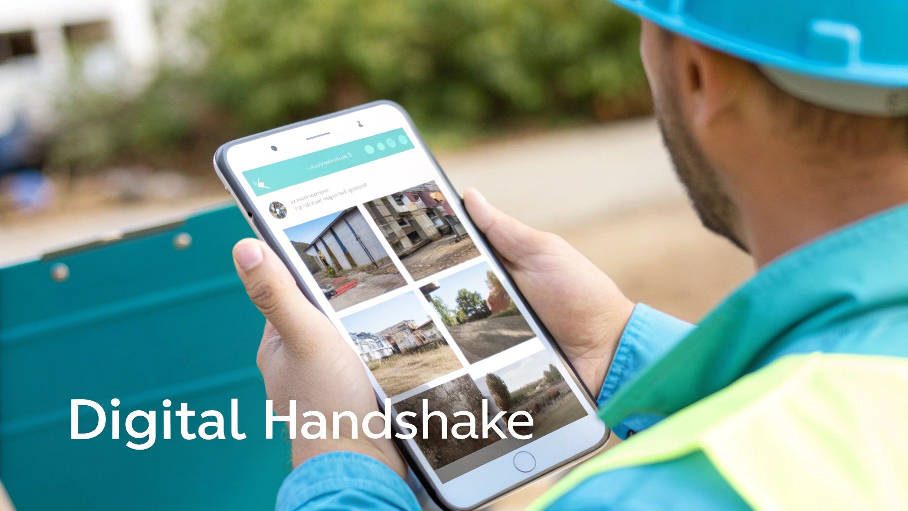 A construction worker in a hard hat viewing multiple site photos on a smartphone screen, showcasing digital project management.