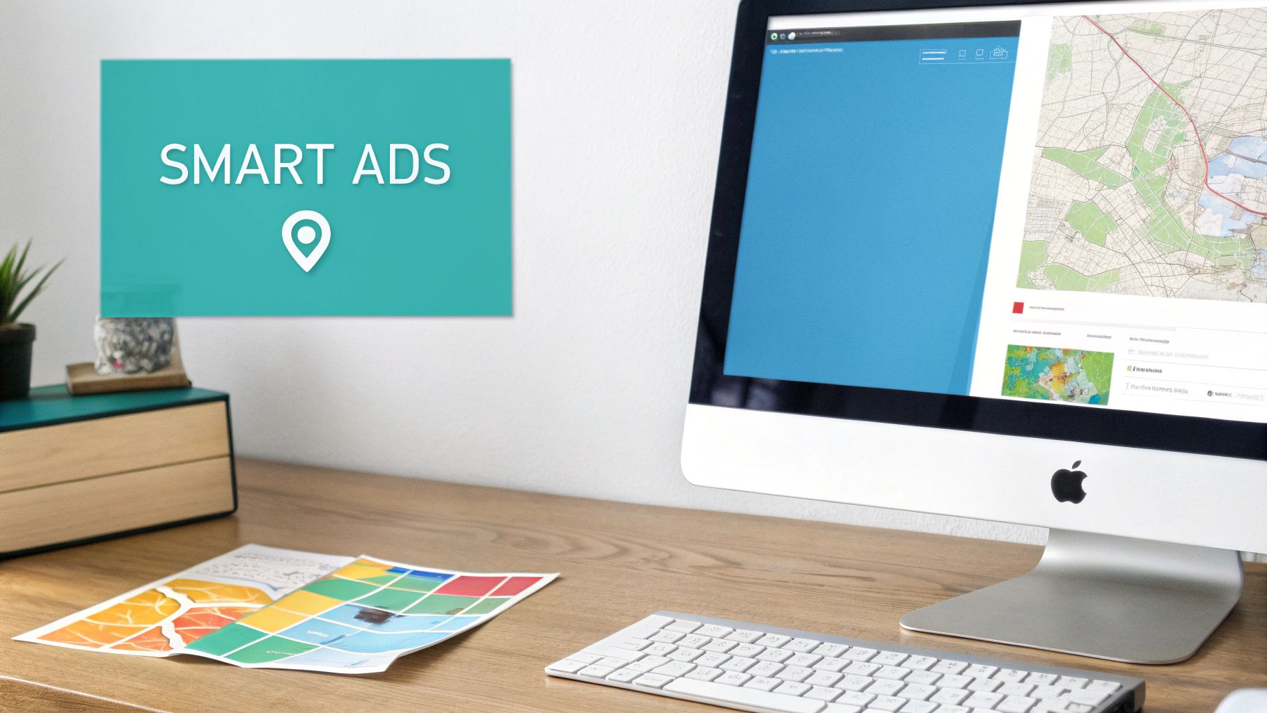 A desktop computer displaying a map application, with a 'SMART ADS' sign on the wall and a keyboard on the desk.