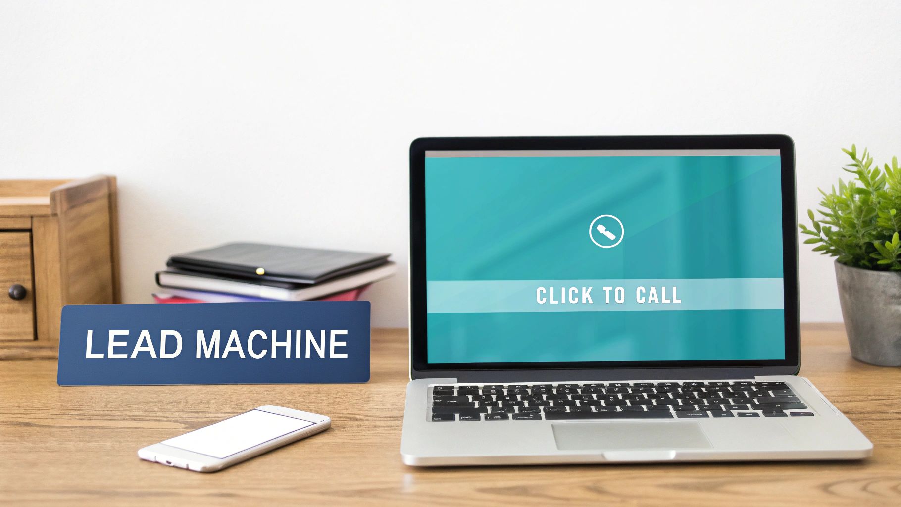 Modern office desk with a laptop showing 'CLICK TO CALL' and a sign 'LEAD MACHINE', alongside a smartphone.