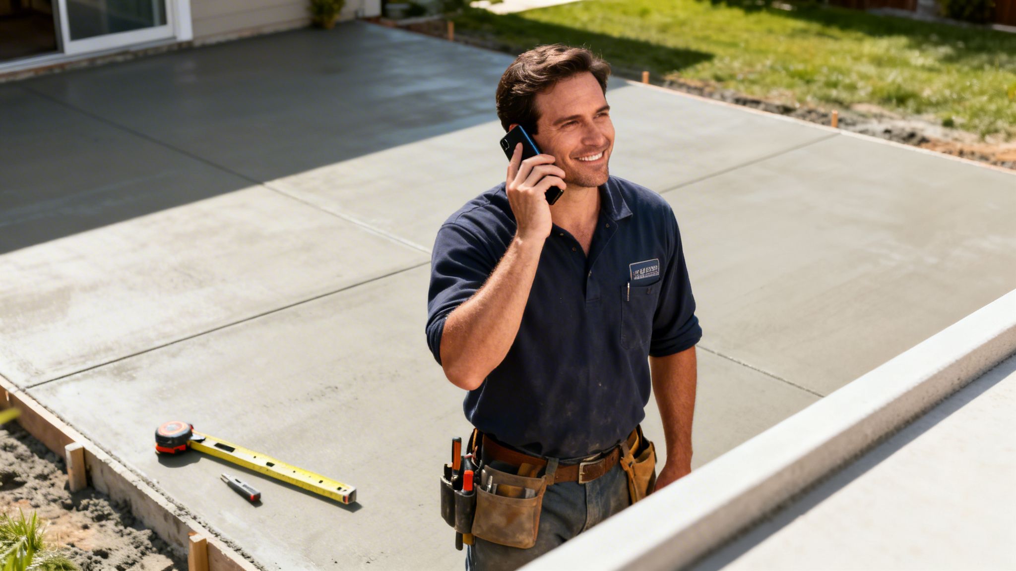 A smiling construction worker on the phone, standing on a newly poured concrete patio.