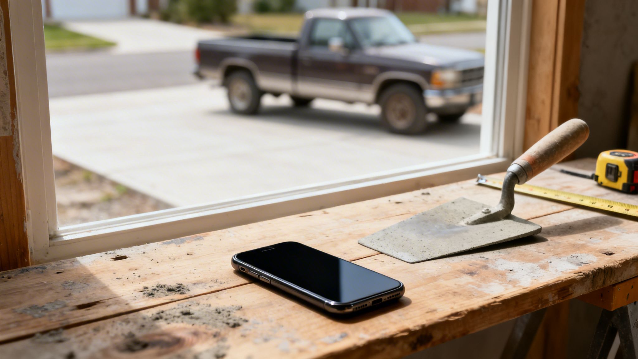 A construction worker's tools, including a trowel and tape measure, and a smartphone on a dusty wooden surface by a window.